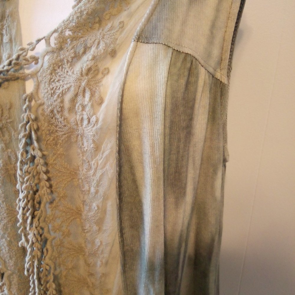 One World Sage Green Tie Dye Lace Fringe Duster Cardigan Size: Large - Picture 6 of 14